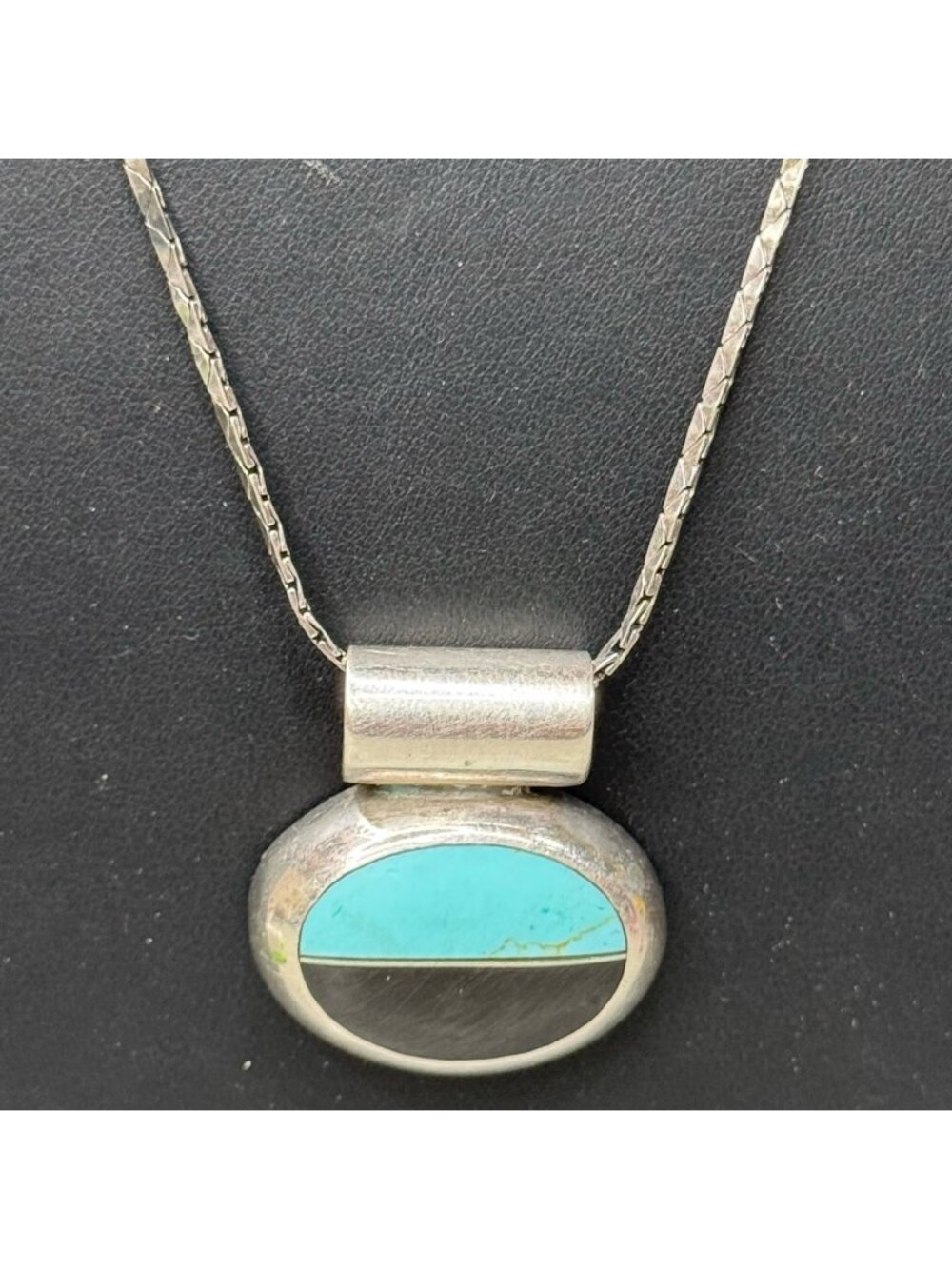 Sterling Silver 925 Mexico Oval Pendant Necklace Turquoise Black Onyx Inlay 20"